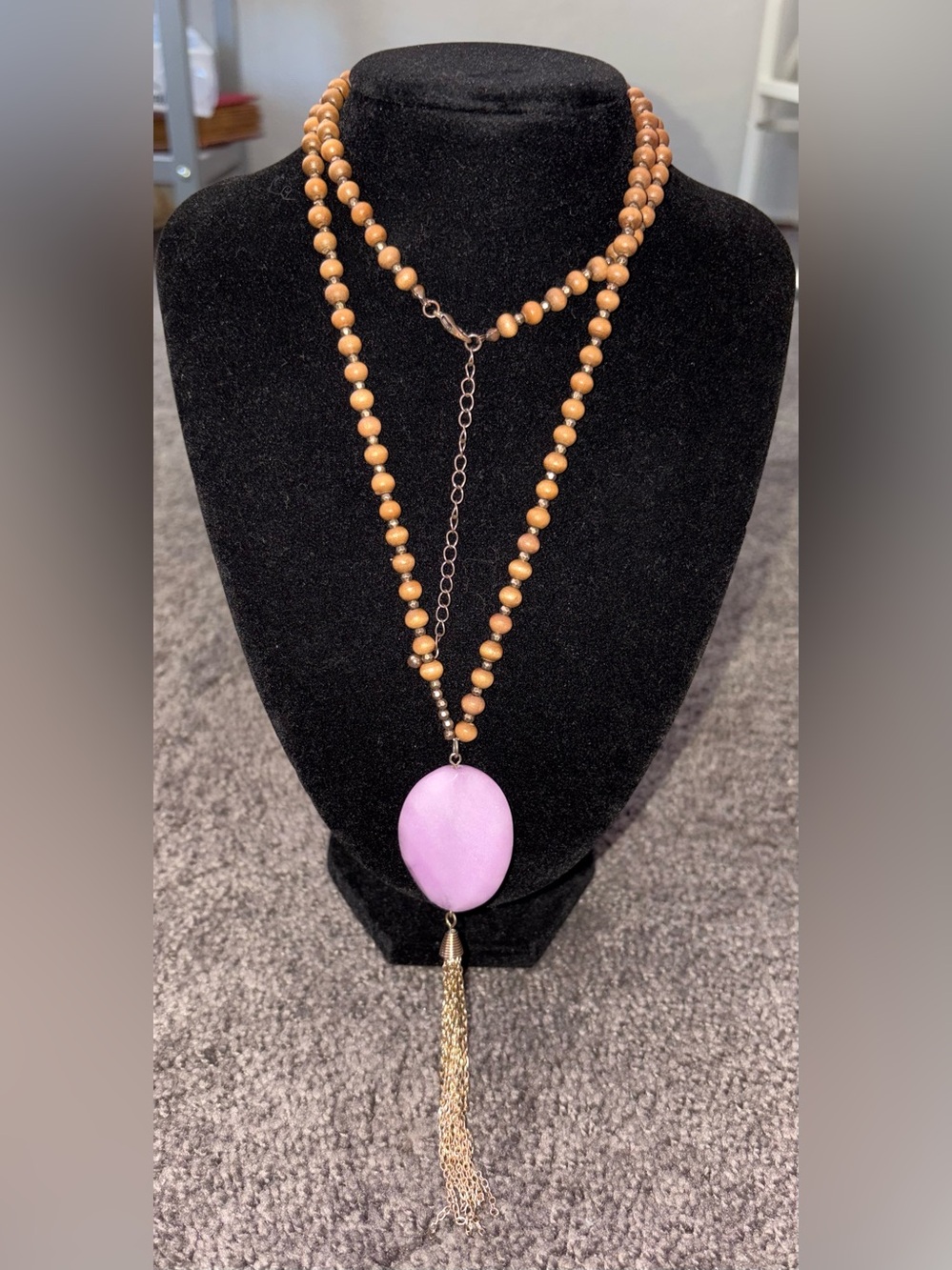 Boho Wooden Bead & Lavender Quartz Tassel Necklace